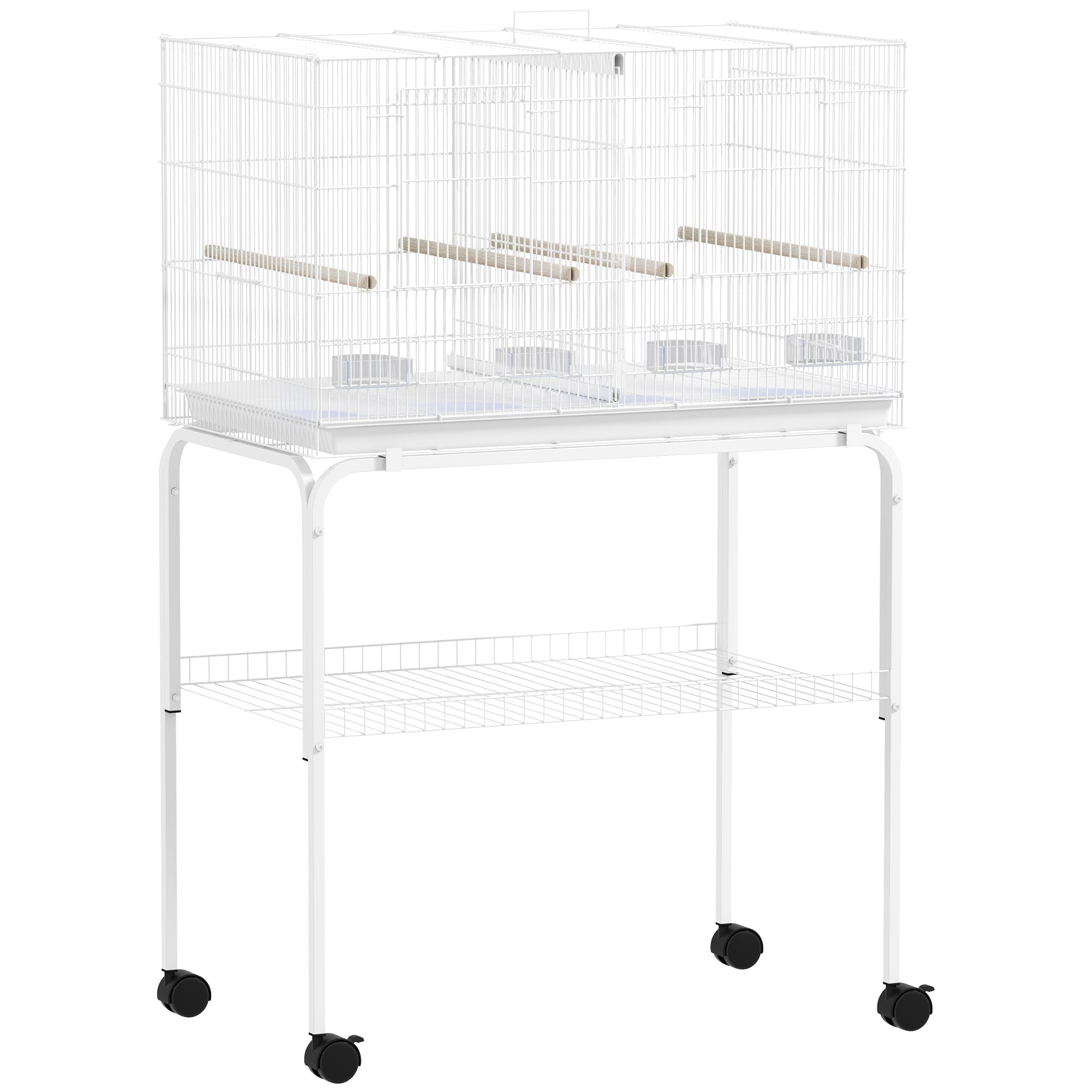 White metal pawhut bird cage on wheeled stand with divider 4 wooden perches food dishes 76l x 46w bar spacing