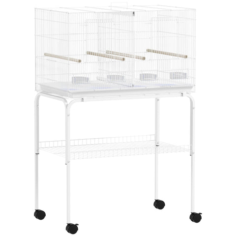 White metal pawhut bird cage on wheeled stand with divider 4 wooden perches food dishes 76l x 46w bar spacing