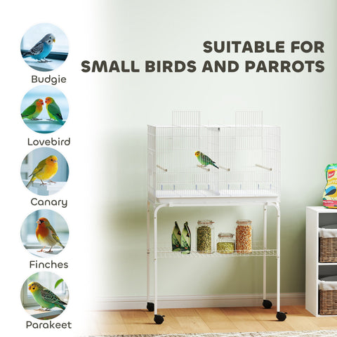 White metal pawhut bird cage with divider wheels shelves 76l x 46w bar spacing and food dishes for small birds