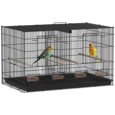 PawHut Bird Cage with Divider, 4 Wooden Perches, Slide Out Tray, 4 Feeders, for Budgie, Lovebird, Canary, 76 x 46 x 46cm, Black