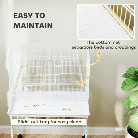 White wire pawhut bird cage 76l x 46w with slide out tray bottom net and food dishes for easy cleaning