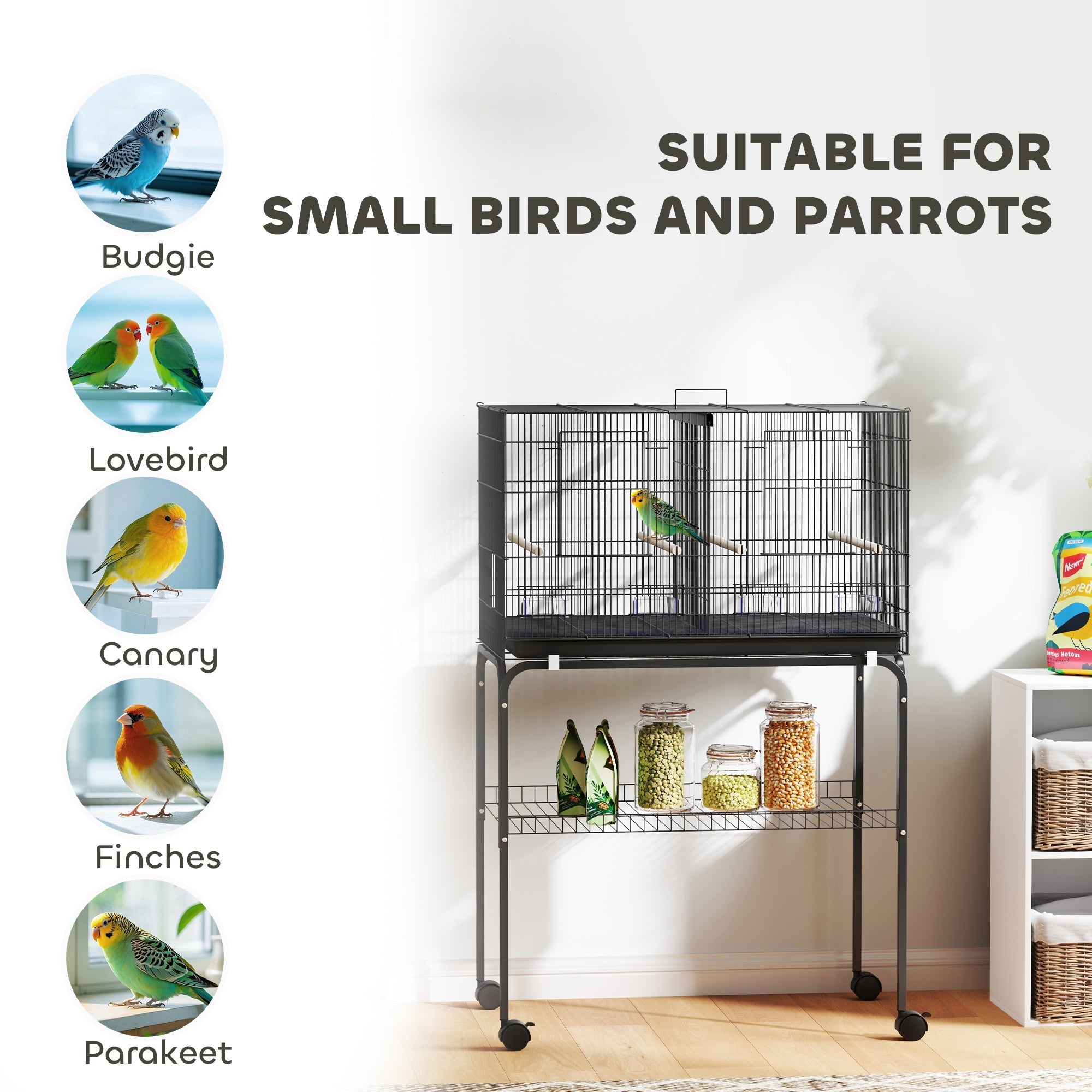Black metal pawhut bird cage 76l x 46w with wheels, bar spacing, food dishes, divider, and wooden perches for small birds