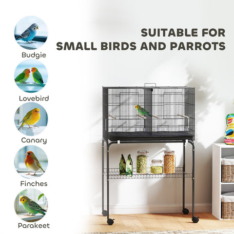 Black metal pawhut bird cage 76l x 46w with wheels, bar spacing, food dishes, divider, and wooden perches for small birds
