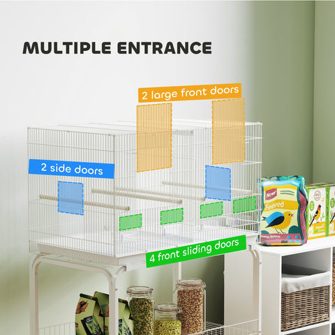 White metal pawhut bird cage with divider slide out tray and 4 food dishes 76l x 46w bar spacing for budgie and canary