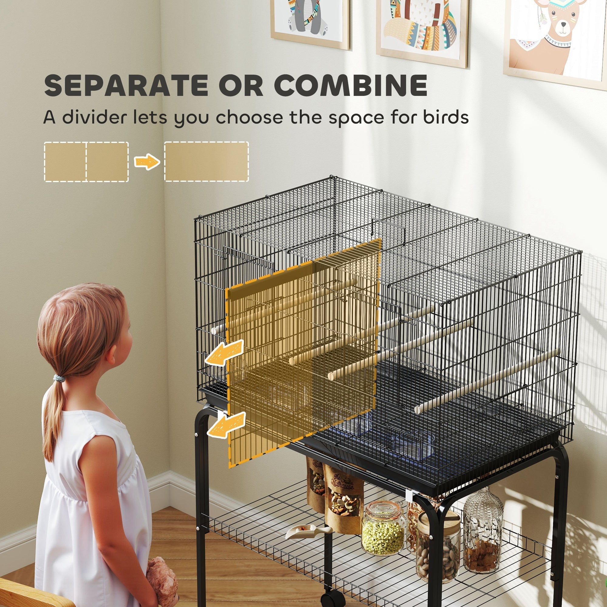 Black metal pawhut bird cage with gold divider panel adjustable space 76l x 46w bar spacing and food dishes included