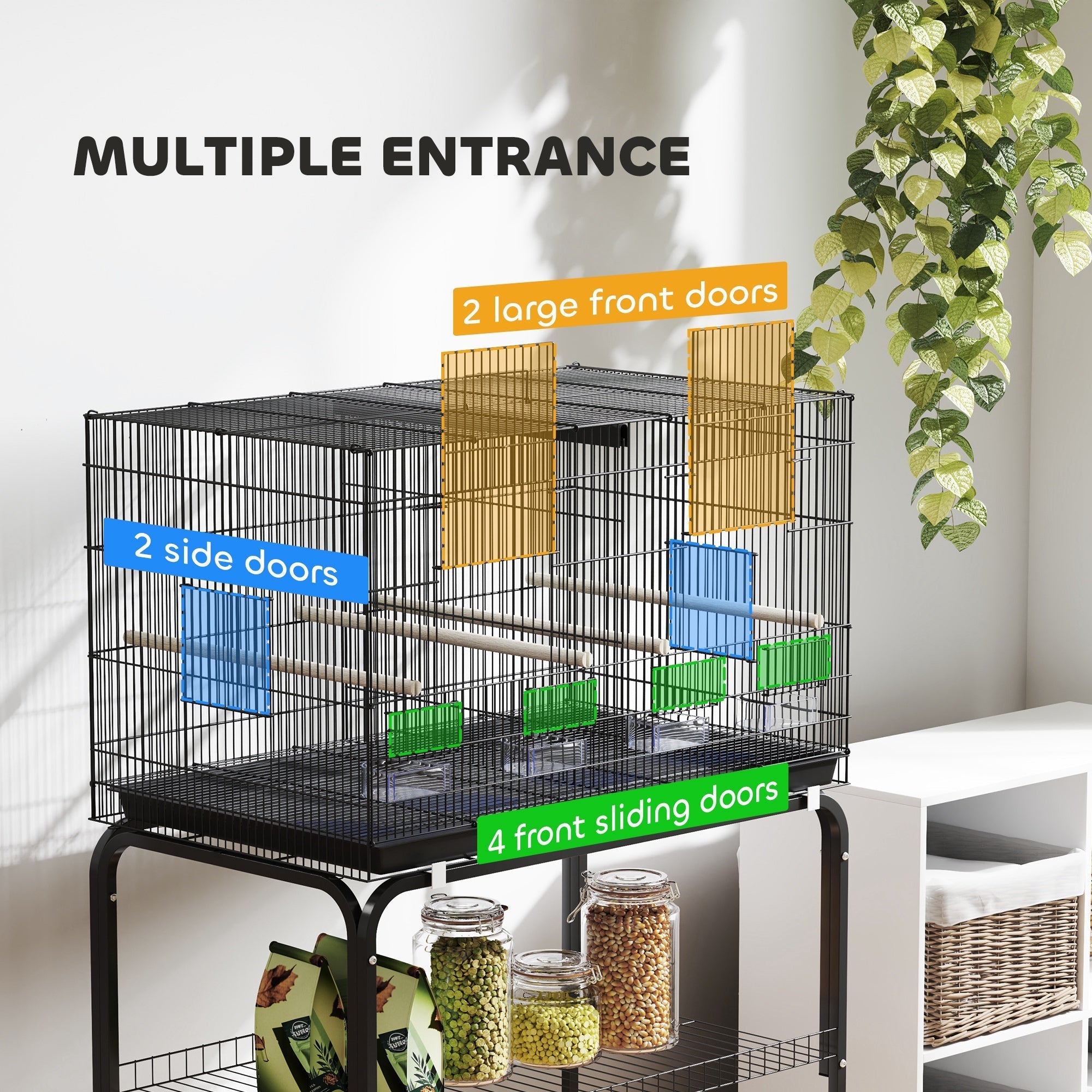 Black metal pawhut bird cage 76l x 46w with multiple entrances colorful plastic perches and food dishes for budgies and canaries