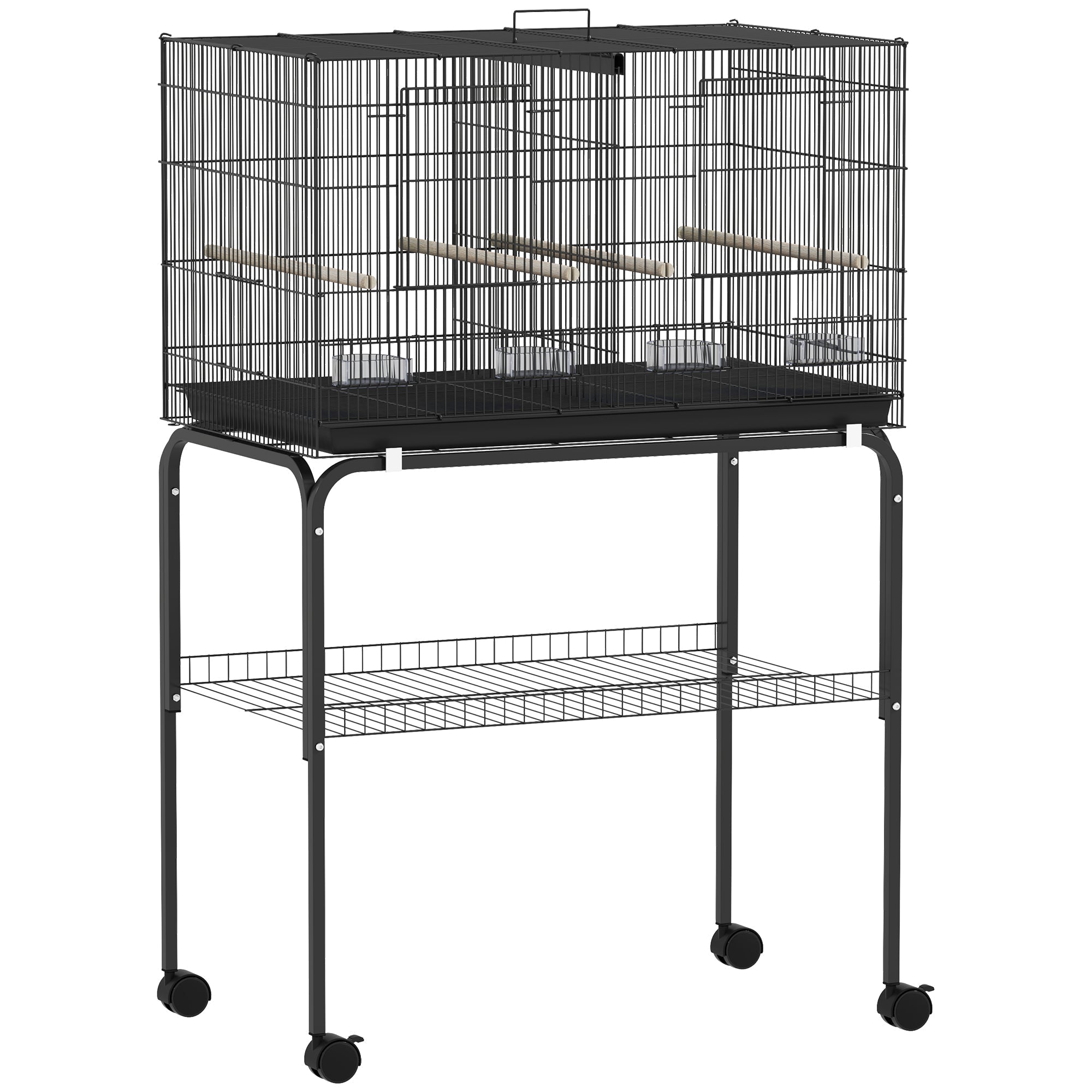 Black metal pawhut bird cage with divider 4 wooden perches 4 food dishes bar spacing 76l x 46w on wheeled stand