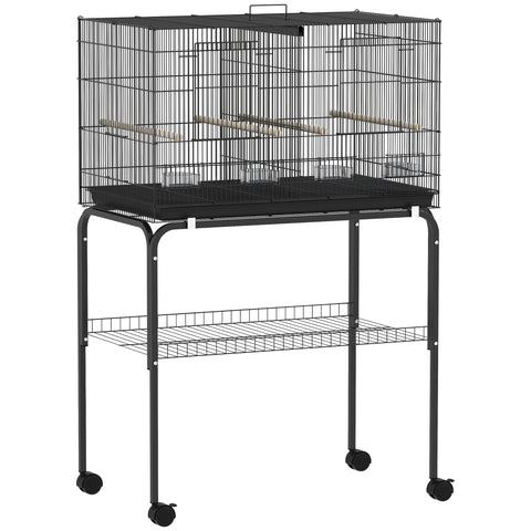Black metal pawhut bird cage with divider 4 wooden perches 4 food dishes bar spacing 76l x 46w on wheeled stand