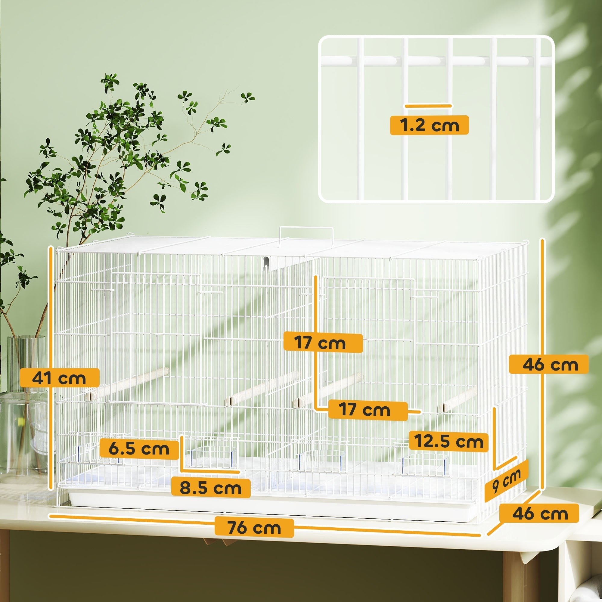 White metal pawhut bird cage with 2cm bar spacing, multiple compartments, 4 food dishes, and wooden perches, 76 x 46 x 46cm