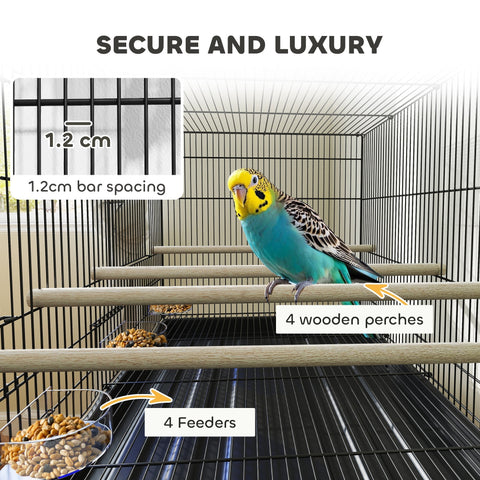 A vibrant blue and yellow budgerigar sitting on a wooden perch inside a pawhut bird cage with 76l x 46w bar spacing and food dishes