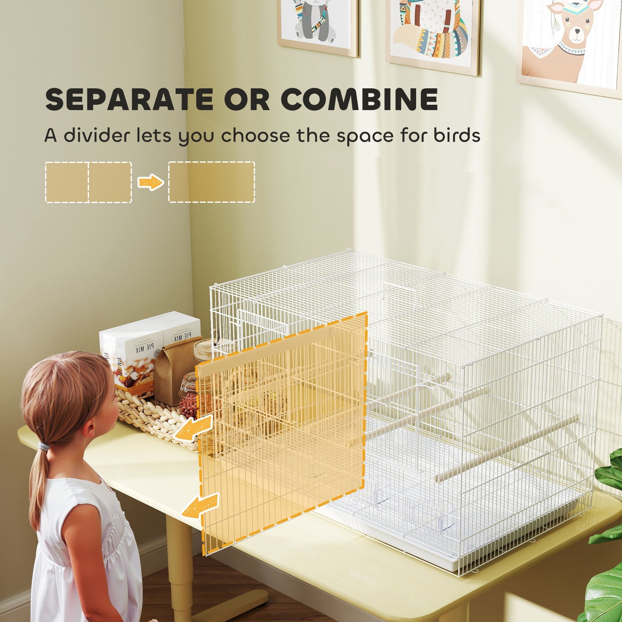 White pawhut bird cage with translucent yellow divider panel 2cm bar spacing and food dishes for small birds