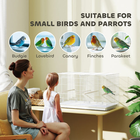 White pawhut bird cage with 2cm bar spacing green parakeet inside 4 food dishes and 4 wooden perches