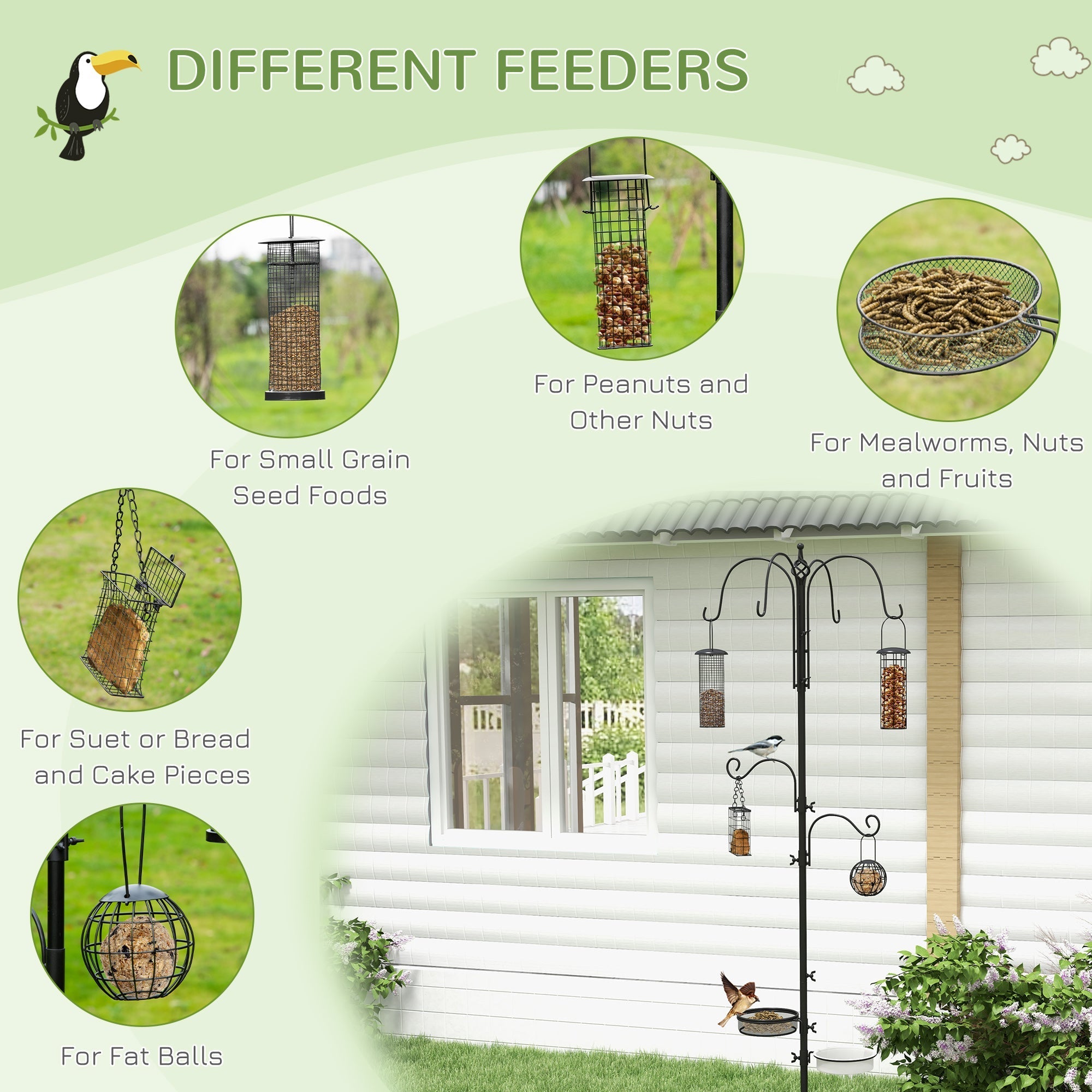 Black metal pawhut bird feeding station with 6 hooks and 4 feeders for peanuts seeds fat balls outdoor use