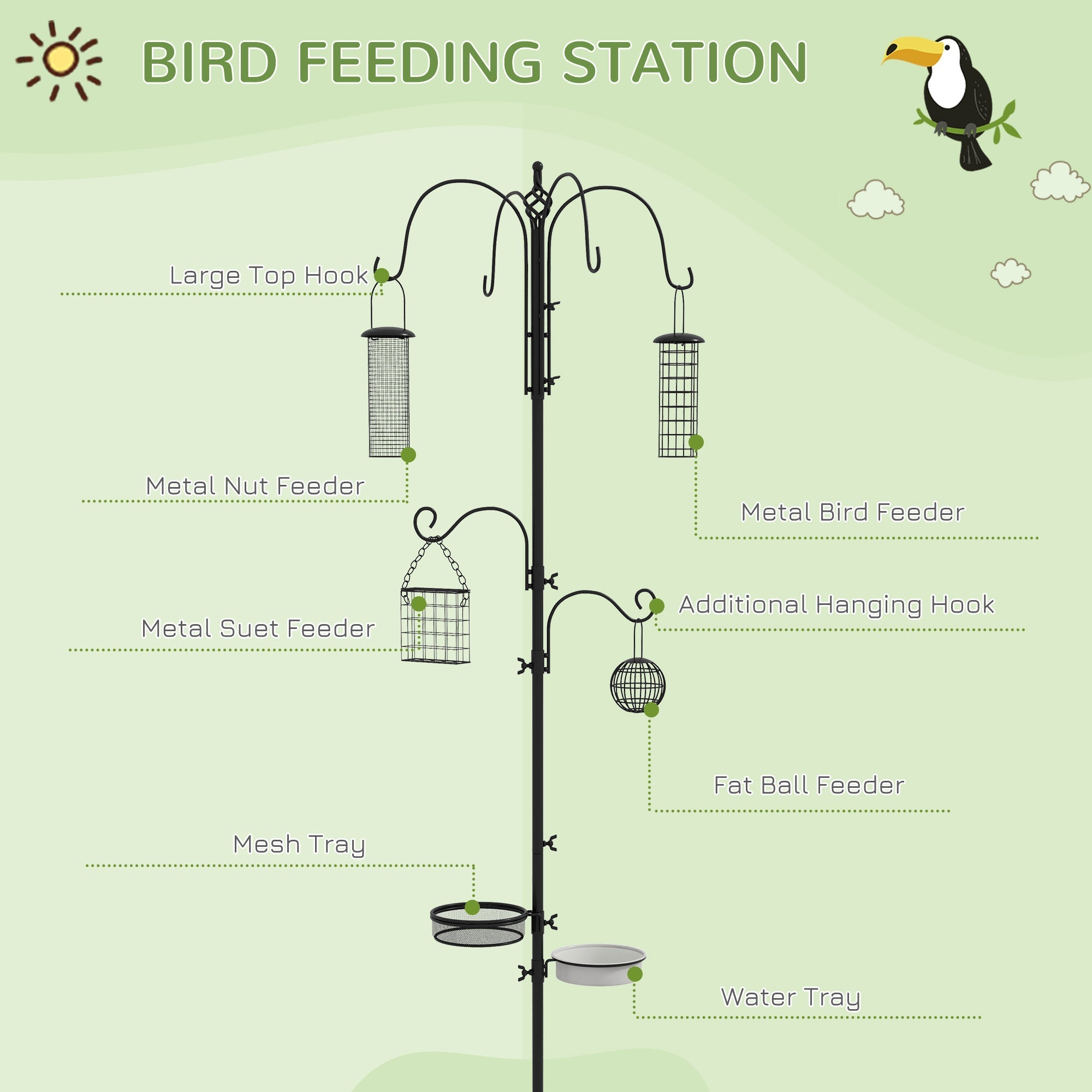 Black metal pawhut bird feeding station with 6 hooks and 4 hanging feeders for peanuts seed and fat balls outdoors