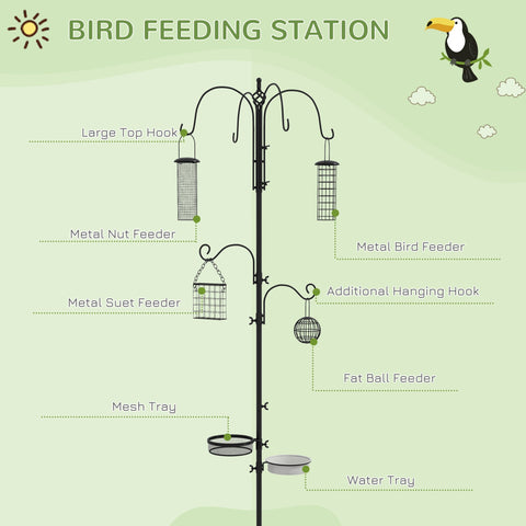 Black metal pawhut bird feeding station with 6 hooks and 4 hanging feeders for peanuts seed and fat balls outdoors