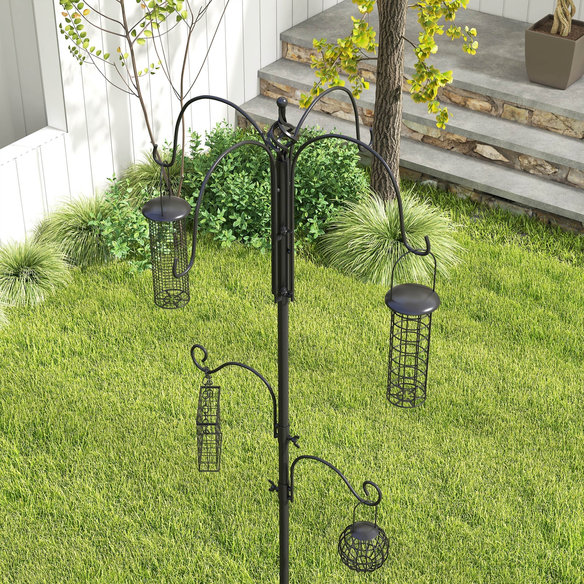 Black wrought iron bird feeding station with 6 hooks and 4 wire feeders for peanuts seeds fat balls garden use