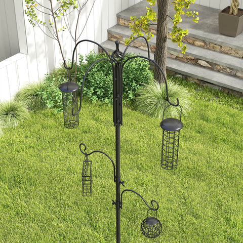Black wrought iron bird feeding station with 6 hooks and 4 wire feeders for peanuts seeds fat balls garden use
