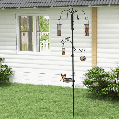 Black metal pawhut bird feeding station with 6 hooks, 4 feeders, and a bird perched for outdoor feeding station use