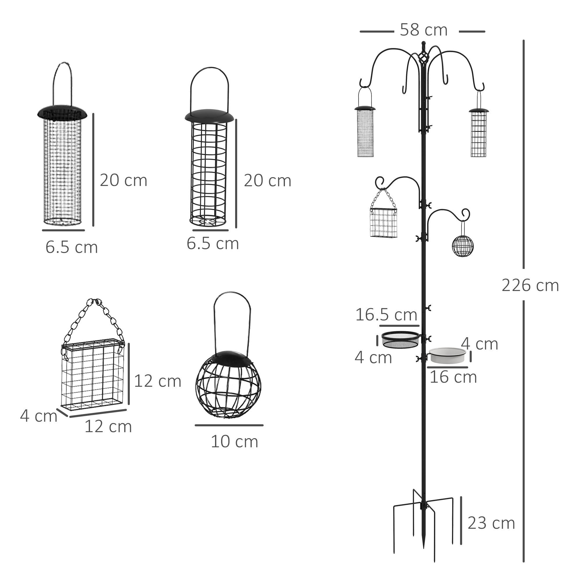 Black metal bird feeding station with six hooks and four hanging feeders for seeds and peanuts by pawhut