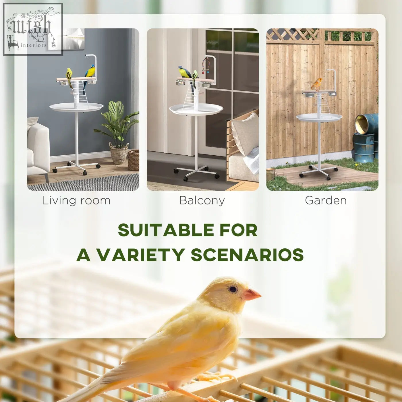 White pawhut bird stand with round pallet stainless steel feed bowls and adjustable height legs for indoor outdoor use