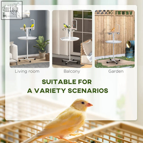 White pawhut bird stand with round pallet stainless steel feed bowls and adjustable height legs for indoor outdoor use
