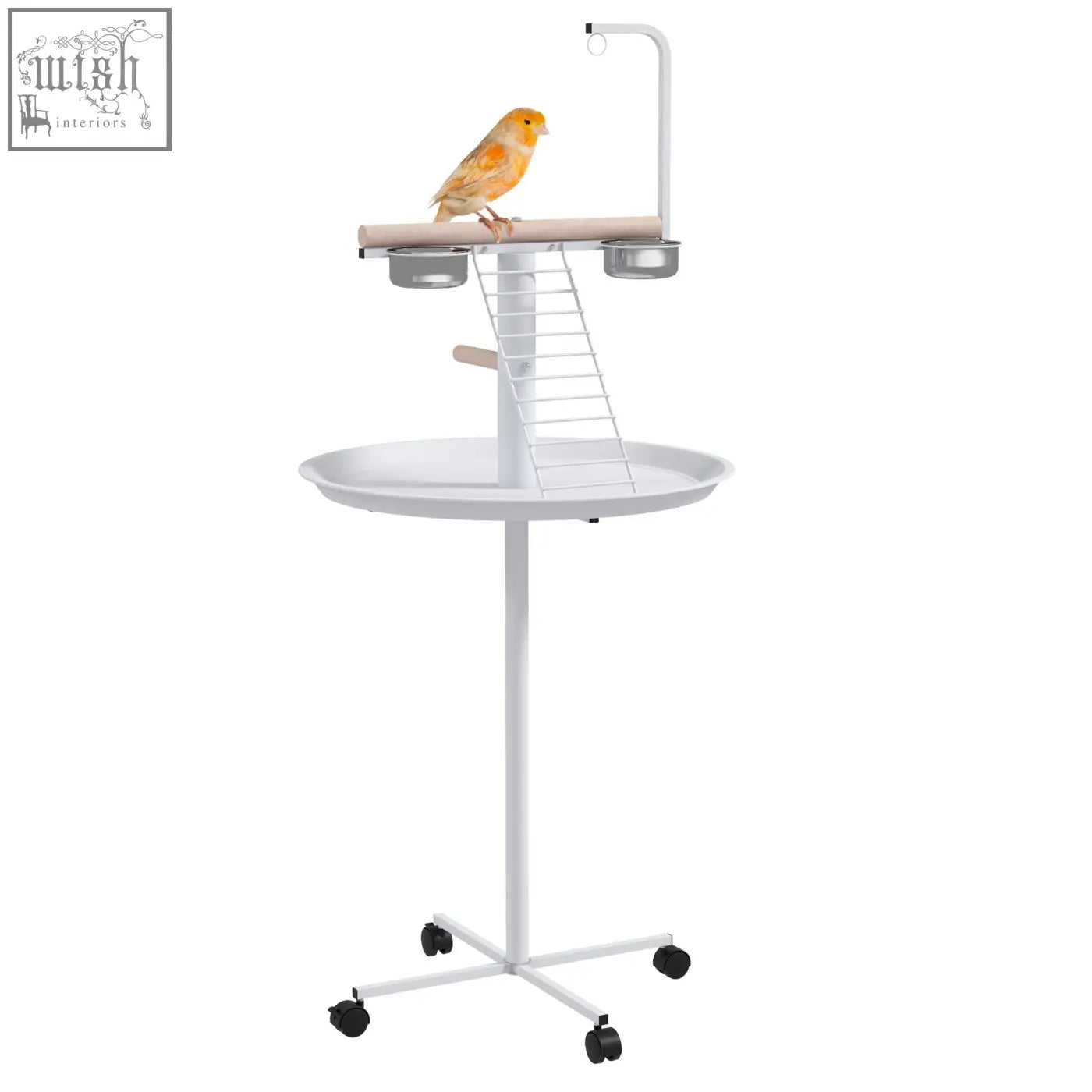 White metal PawHut bird stand with wooden perch, stainless steel bowls, round pallet, ladder, and toy hanger on wheels