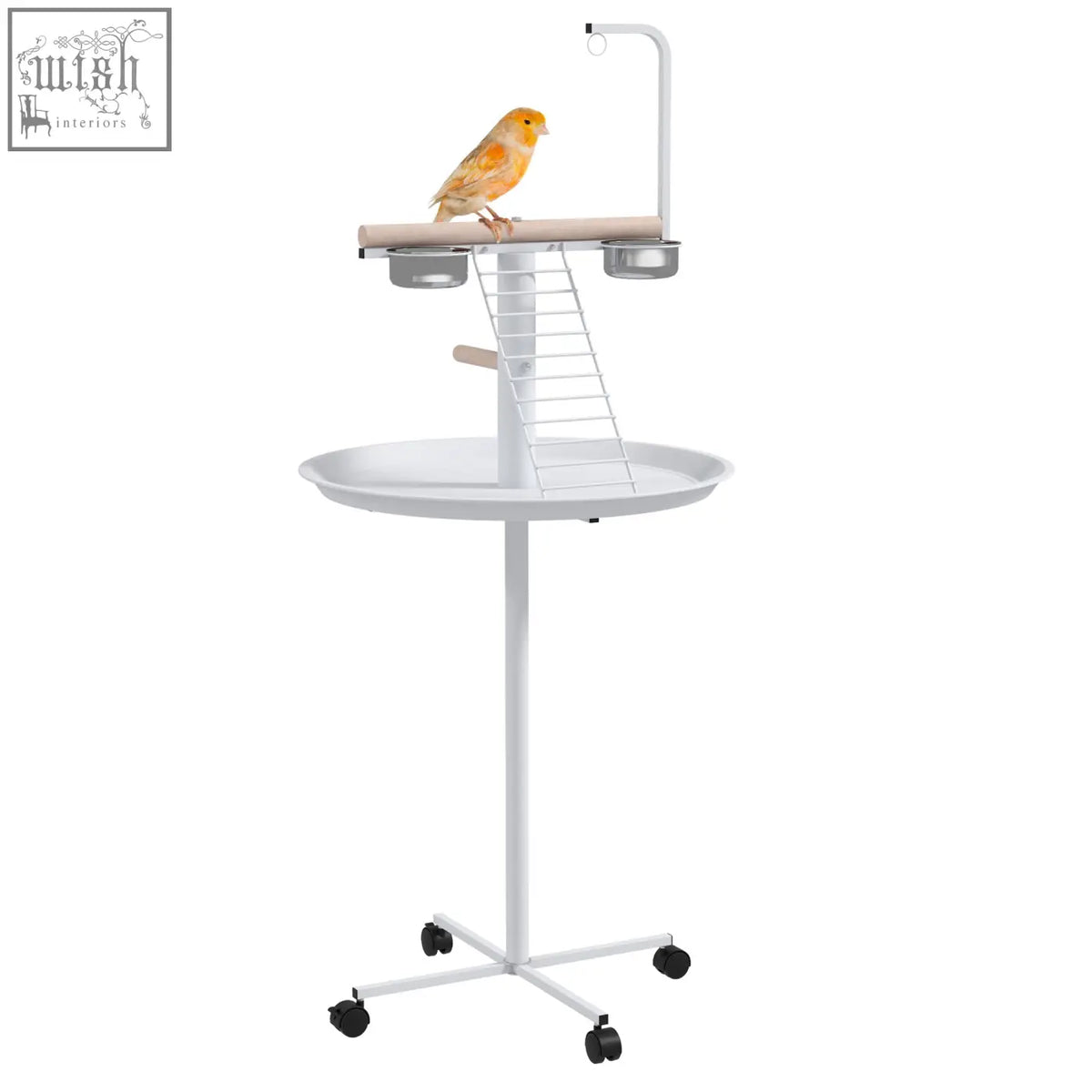 White metal PawHut bird stand with wooden perch, stainless steel bowls, round pallet, ladder, and toy hanger on wheels