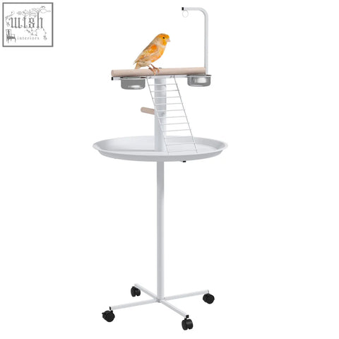White metal PawHut bird stand with wooden perch, stainless steel bowls, round pallet, ladder, and toy hanger on wheels
