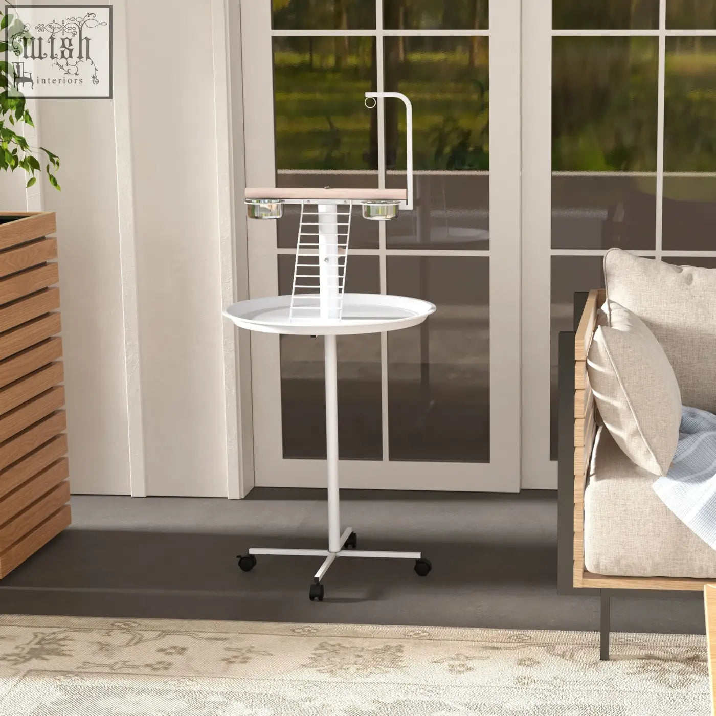 White pawhut bird stand with stainless steel feed bowls, round pallet, toy hanger, and wheels for indoor outdoor use
