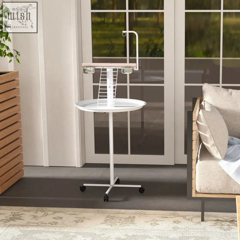 White pawhut bird stand with stainless steel feed bowls, round pallet, toy hanger, and wheels for indoor outdoor use