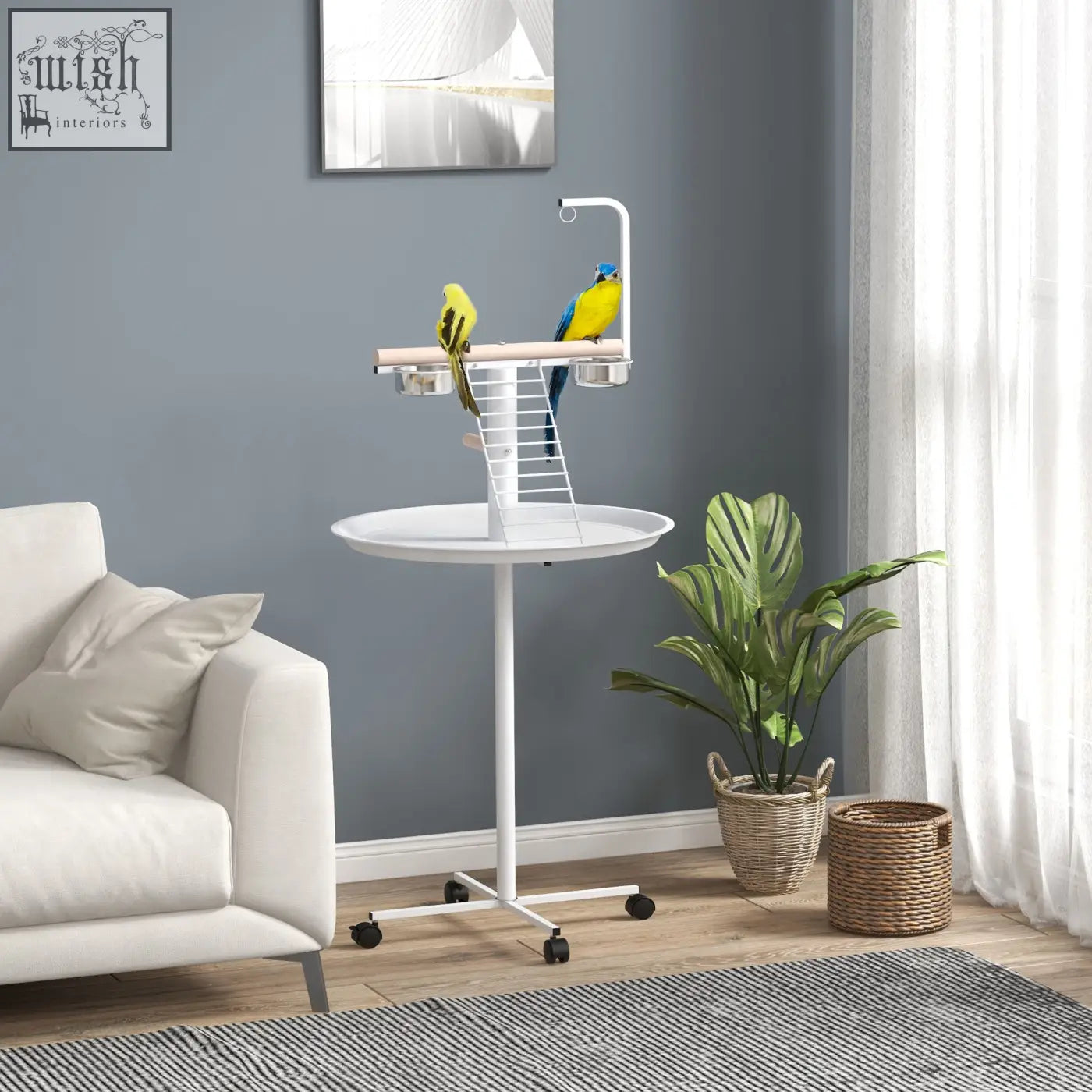 White metal pawhut bird stand with stainless steel feed bowls round pallet and toy hanger for indoor and outdoor use