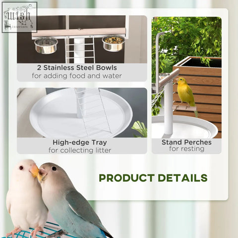 Pawhut bird stand in white with stainless steel feed bowls round pallet toy hanger and perches for indoor outdoor use