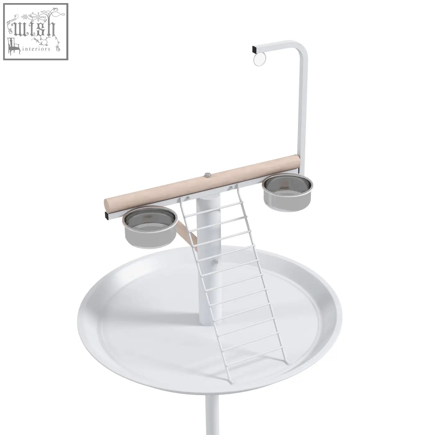 White pawhut bird stand with toy hanger, wooden perch, stainless steel bowls, and round pallet on four wheels for garden use