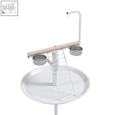 White pawhut bird stand with toy hanger, wooden perch, stainless steel bowls, and round pallet on four wheels for garden use