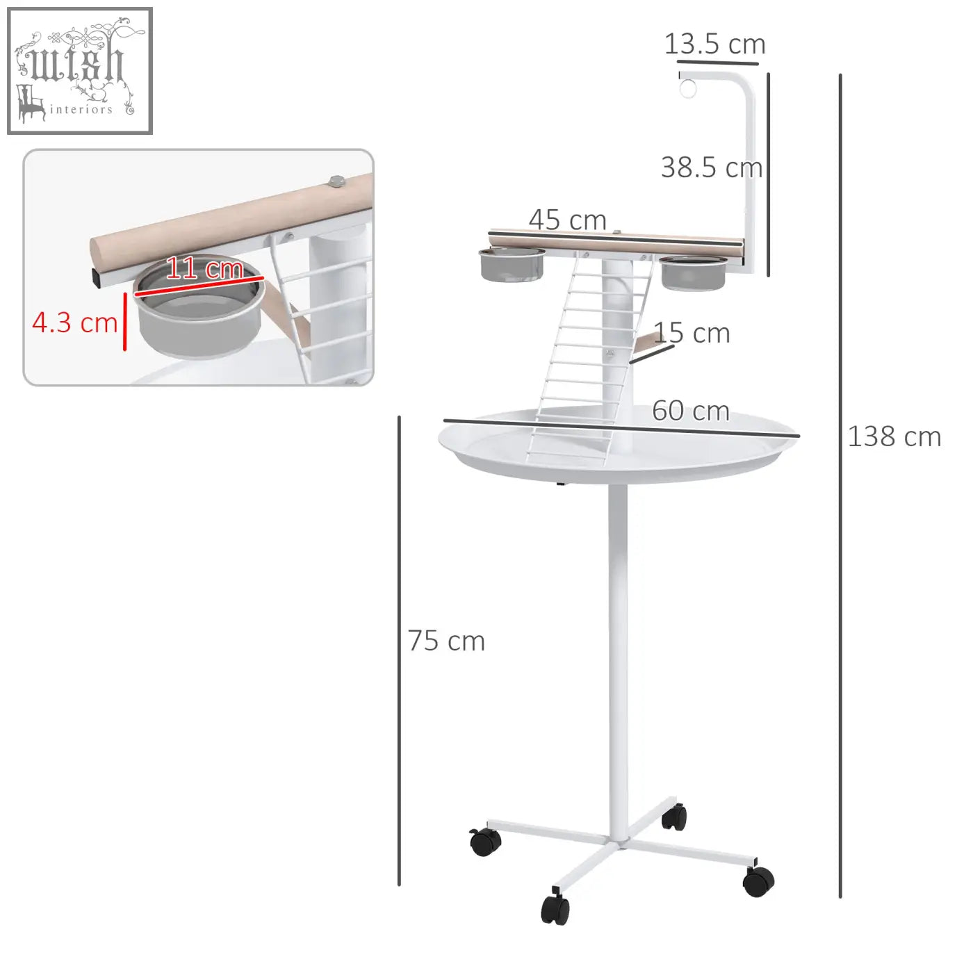 White metal pet grooming cart with stainless steel round pallet tray toy hanger and adjustable overhead perch