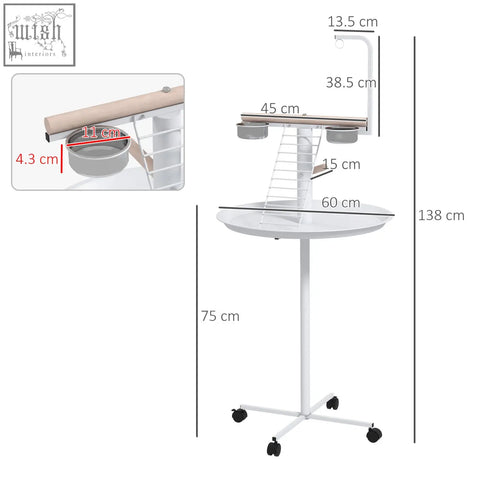 White metal pet grooming cart with stainless steel round pallet tray toy hanger and adjustable overhead perch