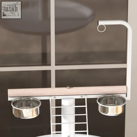 White metal bird feeder with stainless steel bowls wooden perch and round pallet on pawhut bird stand with wheels