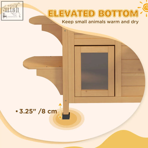 Light brown wooden cat house with glass door, escape door, and openable roof for outdoor use