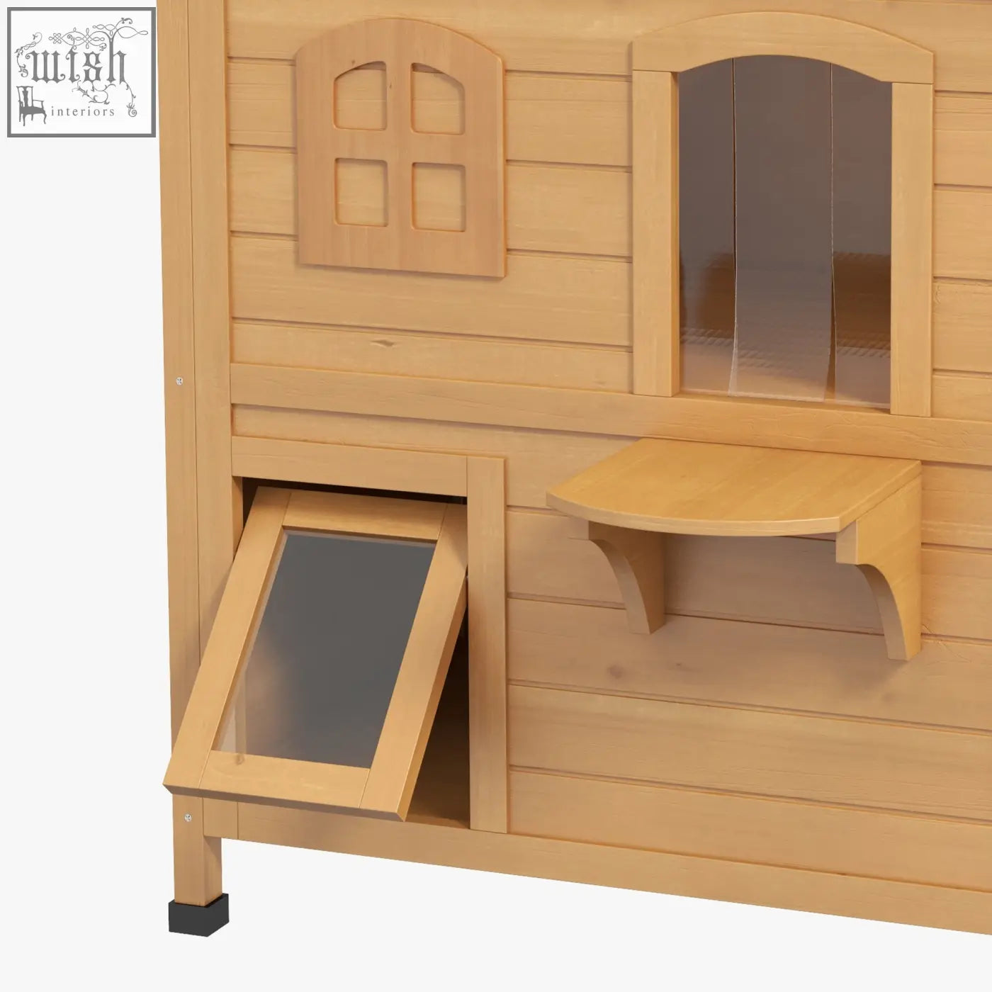 Light-colored wooden pawhut cat house with escape door openable roof and arched windows for outdoor use