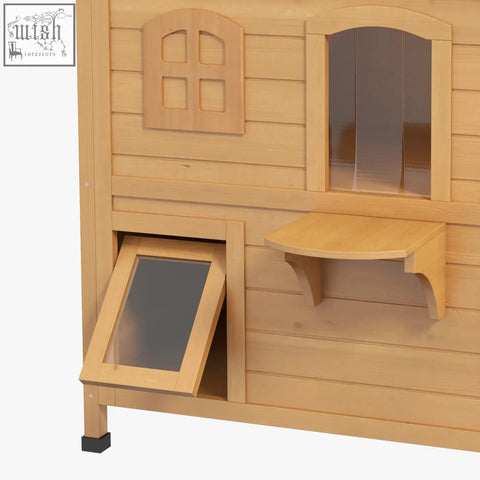 Light-colored wooden pawhut cat house with escape door openable roof and arched windows for outdoor use