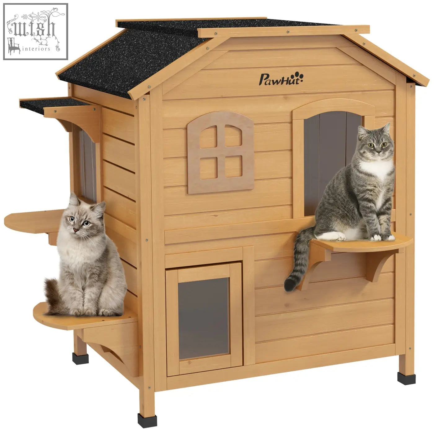 Light brown wooden pawhut cat house with black shingled roof, escape door, and openable roof for outdoor use