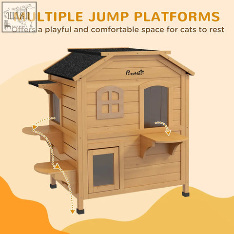Light brown wooden cat house with openable roof, escape door, black roof, and jump platforms for outdoor play