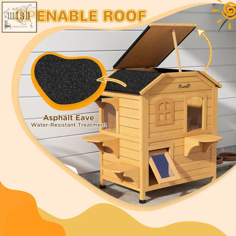 Light brown wooden pawhut cat house with openable roof and black asphalt eave treatment featuring escape door