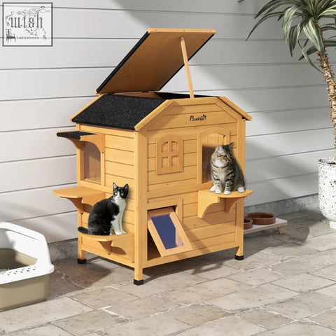 Light brown wooden cat house with black roof and blue window panel featuring escape door and openable roof