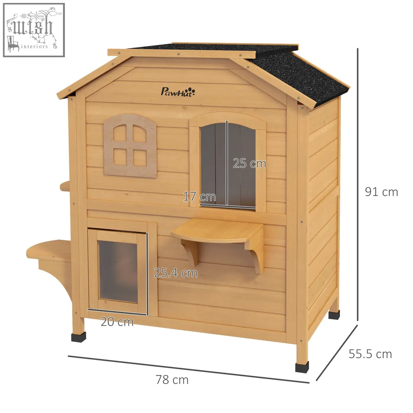 Light brown wooden pawhut cat house with black roof featuring escape door openable roof and arched windows