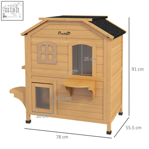 Light brown wooden pawhut cat house with black roof featuring escape door openable roof and arched windows