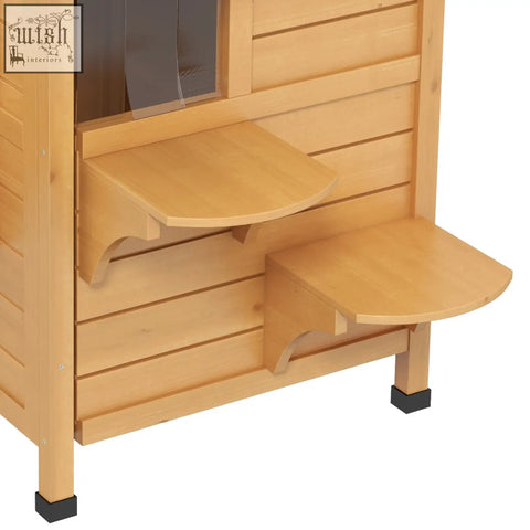 Light-colored wooden cat house with escape door openable roof two curved shelves and glass window for outdoor use
