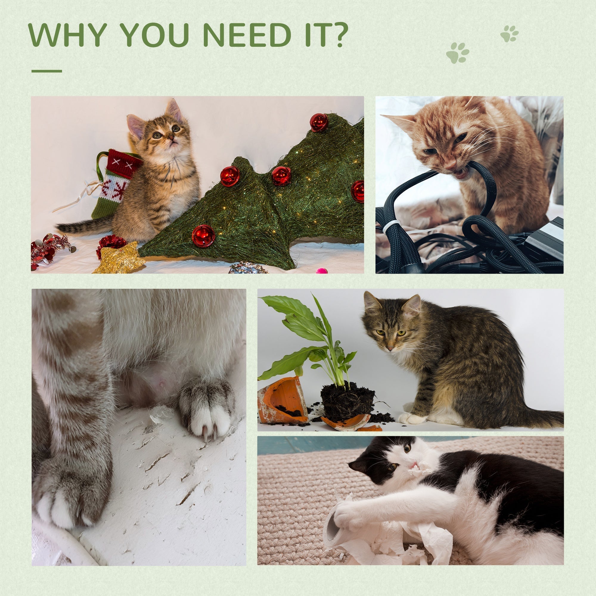 A festive green christmas tree ornament with red toy balls on a textured grass-like surface for cat tree 40l x 40wcm