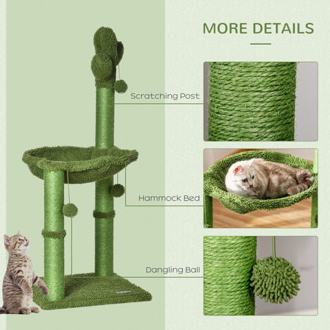 Green sisal-wrapped pawhut cactus cat tree tower 40l x 40wcm with hammock bed and dangling toy ball for indoor cats