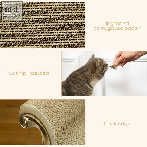 A beige corrugated paper cat scratcher with a gold metal base and curved edge from pawhut cat furniture scratching pad a9cor